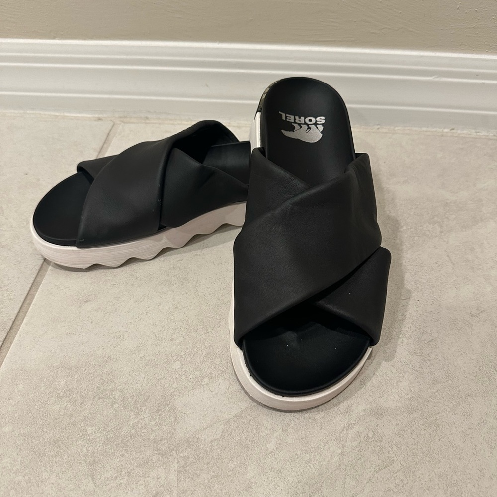 Sorel Women's Black and White Sandel Slides
